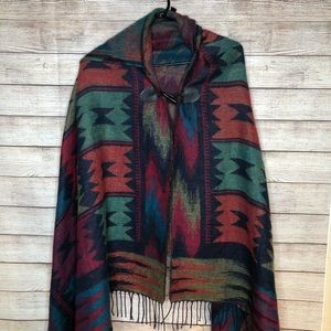 Multi‎ Color Hooded Aztec Fringe Shawl Poncho